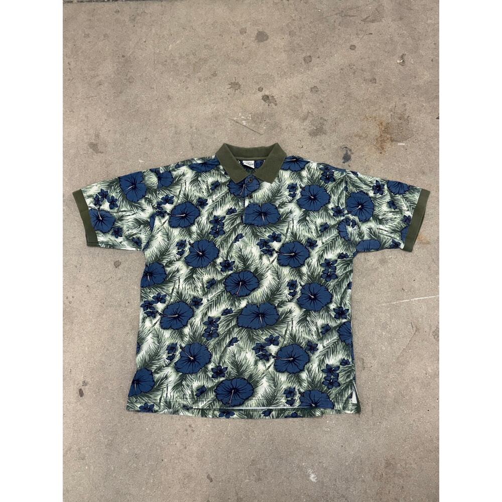 Vintage Rainforest Cafe Hawaiian Polo Shirt Mens M Blue Floral Print